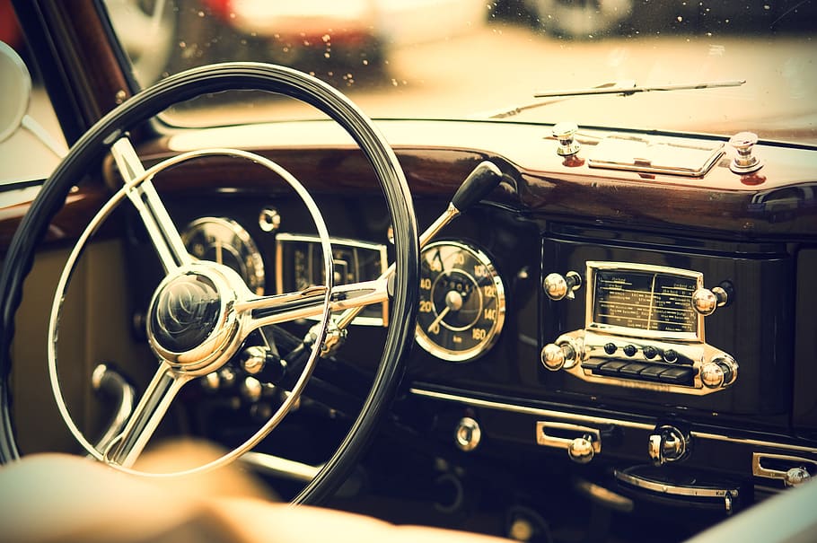 Silver and Black Steering Wheel, antique, auto, automobile, automotive