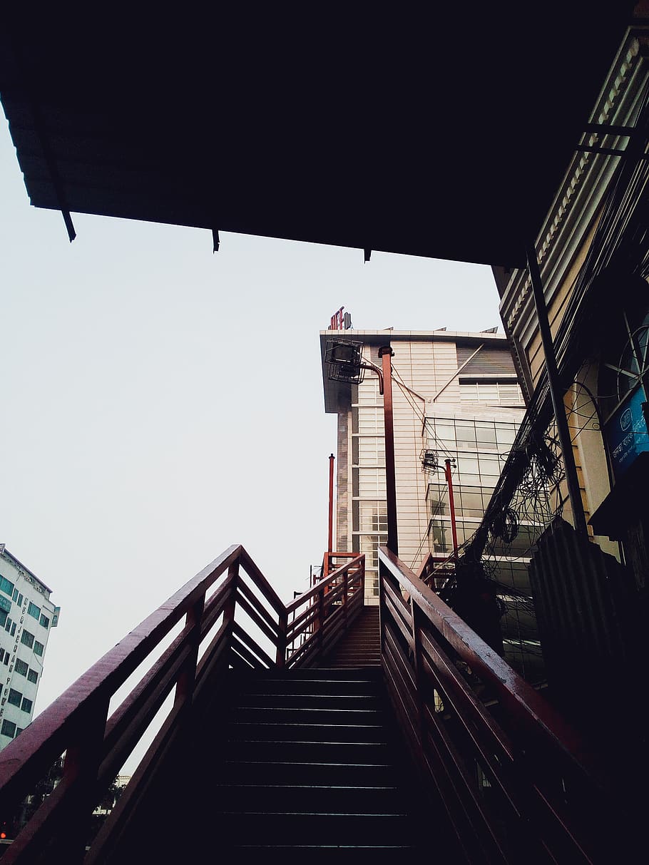 empty brown stairs at daytime, handrail, banister, railing, bangladesh, HD wallpaper