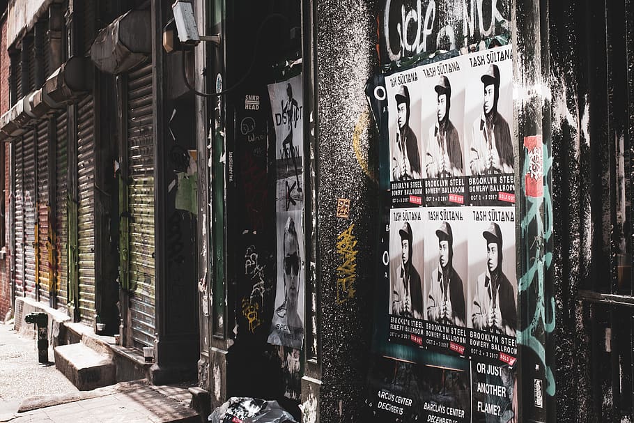 Posters on Wall Beside of Sidewalk, advertisement, commerce, empty street HD wallpaper
