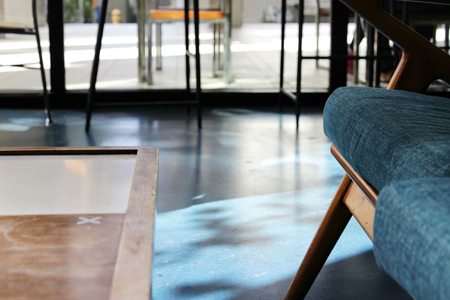 blue padded sofa, door, revolving door, table, chair, united states HD wallpaper