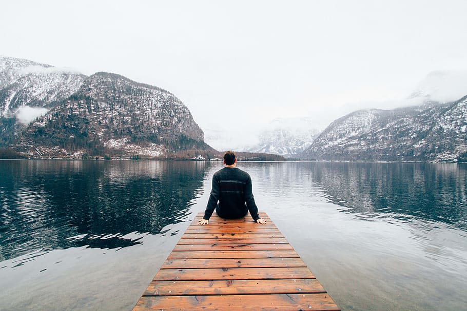 Man Seating in the Rail Way Near Body of Water, daylight, dock HD wallpaper