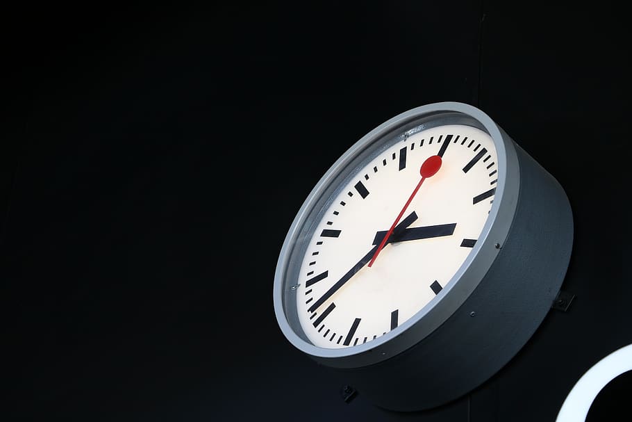 gray and white analog wall clock, time, studio shot, black background HD wallpaper