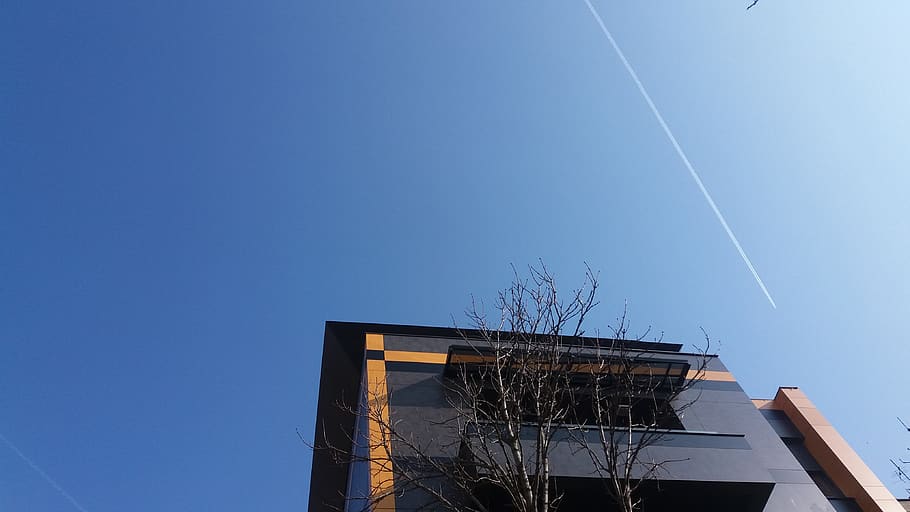 serbia, belgrade, architecture, buildings, sky, urban, vapor trail