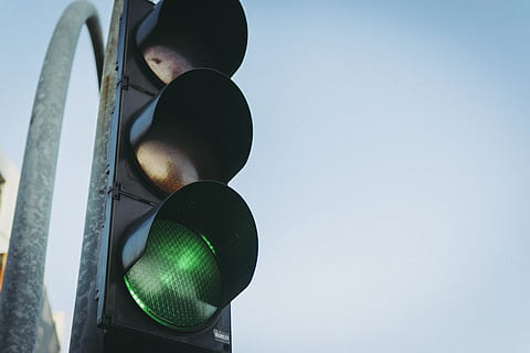 Black Traffic Light, blue sky, close-up, green, intersection HD wallpaper