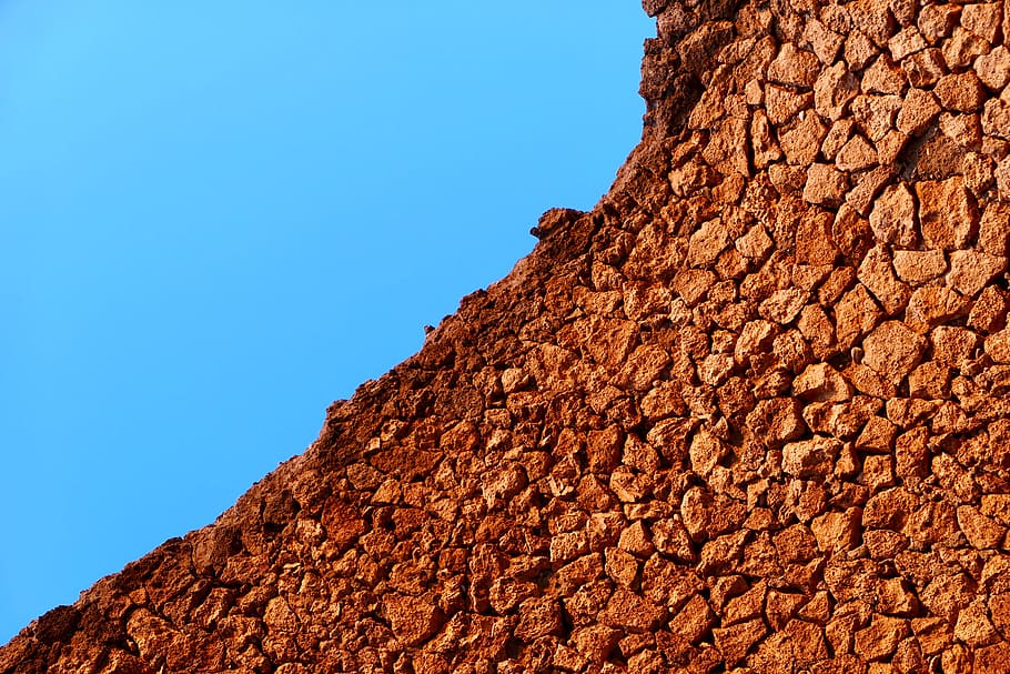 italy, paestum, rock, stone, soil, blue, red, sky, orange, brick, HD wallpaper