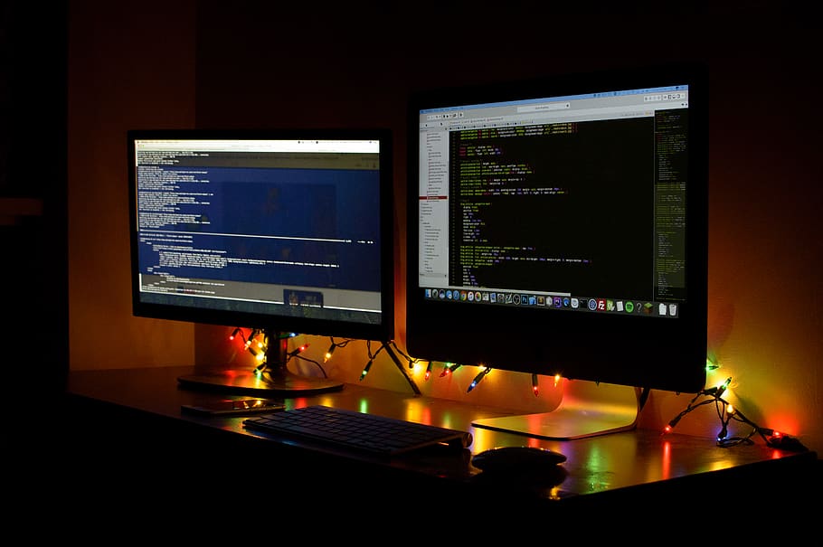 christmas light, computer, imac, desk setup, technology, computer monitor HD wallpaper