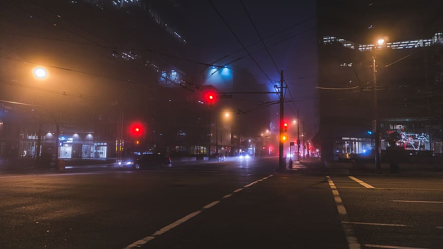 city, night, cityscape, urban, street, quiet, late, fog, haze