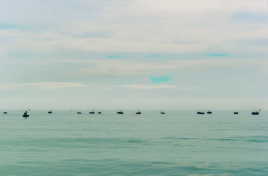 Black Boats on Body of Water, clouds, daylight, nature, ocean HD wallpaper