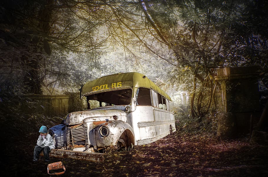 fantasy, lonely, abandoned, past, bus, boy, composing, sad HD wallpaper