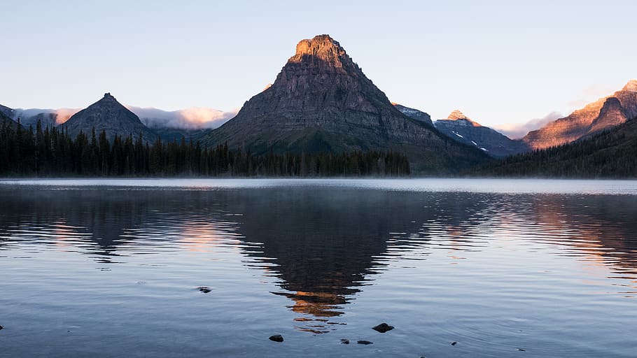 lake, trees, water, glacier, mountain, mountain range, explore HD wallpaper