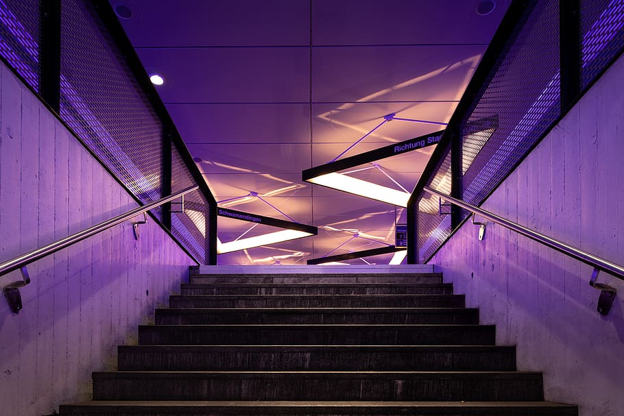 black concrete stair, handrail, banister, staircase, zürich HD wallpaper