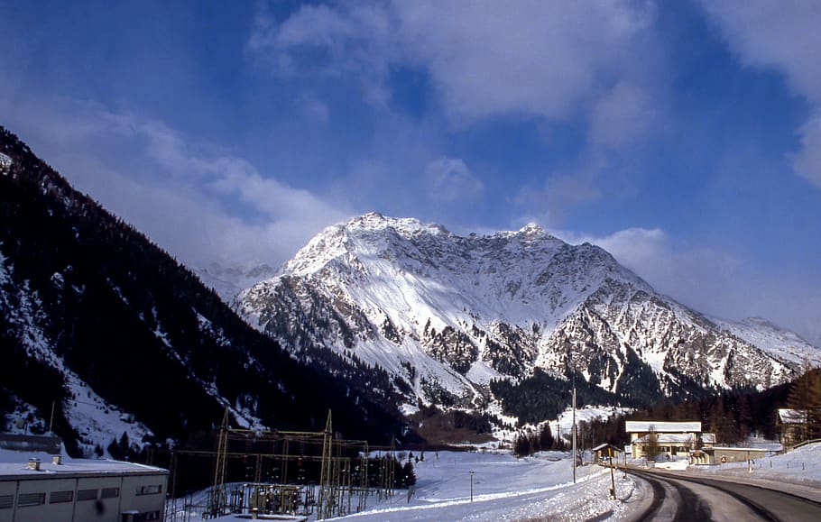 mountain, clouds, peak, road, snow, winter, cold temperature HD wallpaper