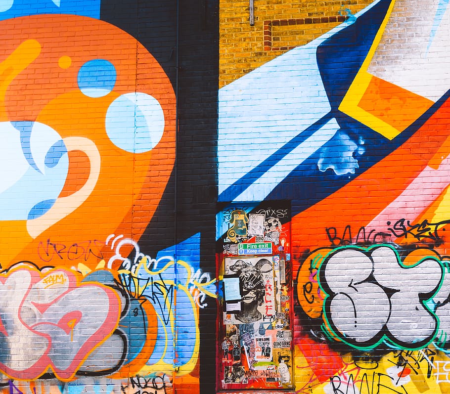 orange and blue graffiti, painting, art, wall, london, mural