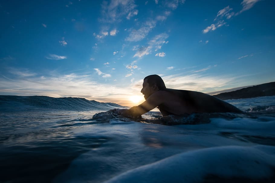 Man Surfing during Blue Hour, beach, clouds, dusk, evening, ocean HD wallpaper
