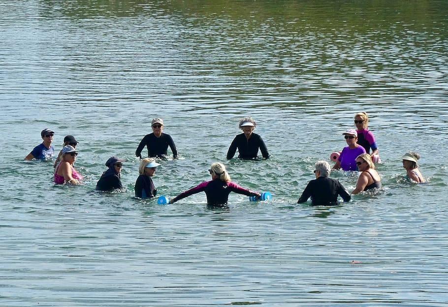 swimmers, exercise, elderly, group, water, group of people