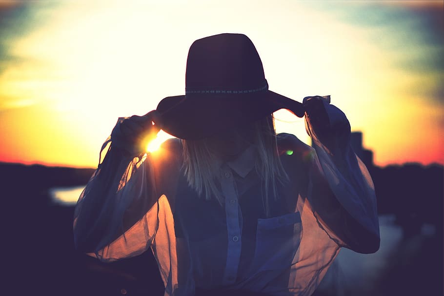 cloud, sky, sunset, people, woman, girl, hat, one person, clothing HD wallpaper