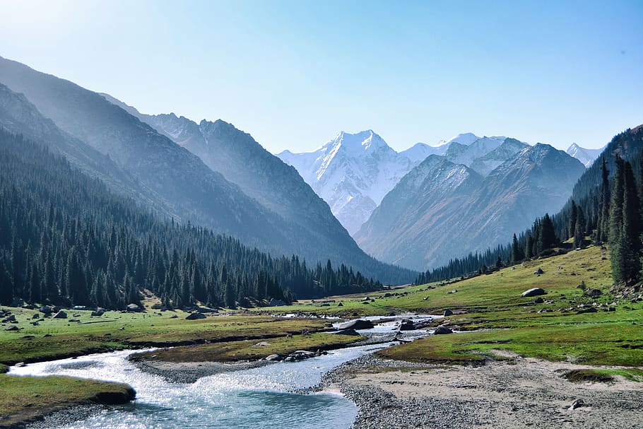 kizilsu, tianshannan mai, mountains, river, forest, kyrgyzstan, HD wallpaper