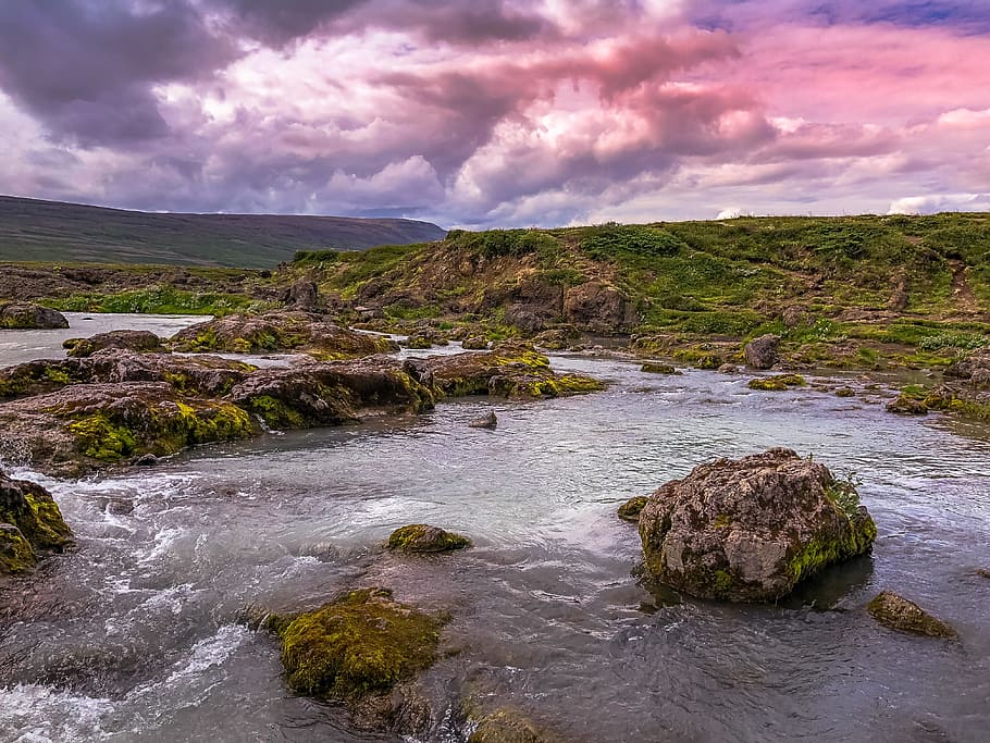 River Near Mountain Range, boulders, clouds, cloudscape, colorful HD wallpaper