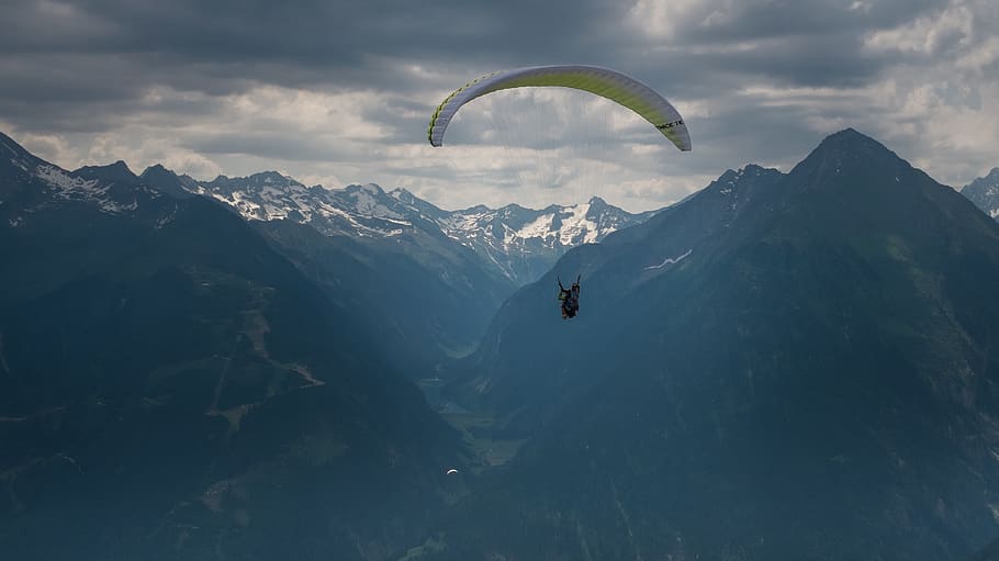 white paragliding, adventure, mountain, sport, extreme sports HD wallpaper