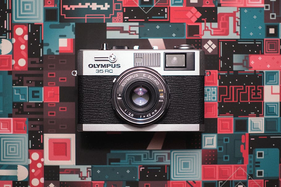 black and grey Olympus SLR camera, electronics, pac man, digital camera, HD wallpaper
