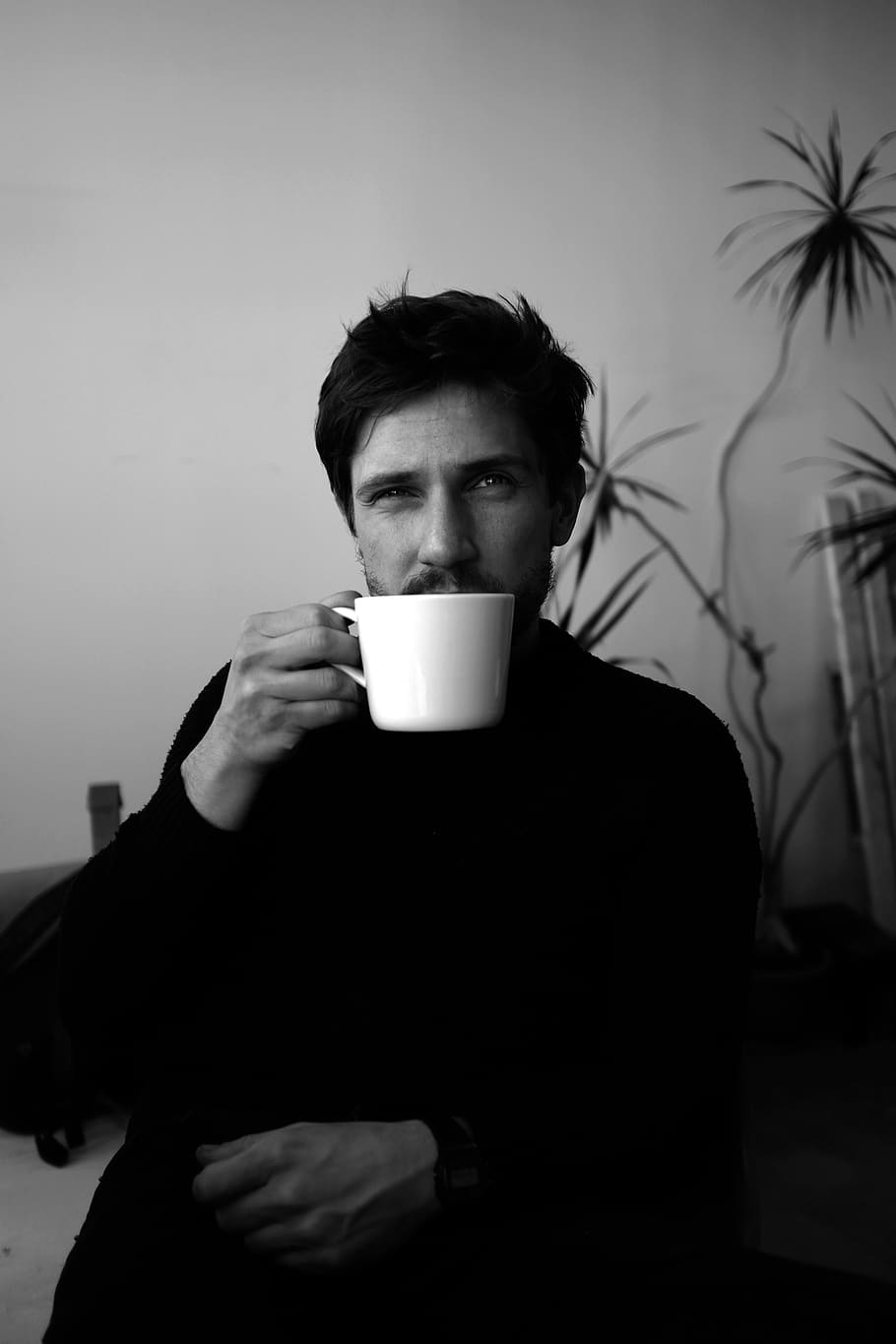 grayscale photo of man holding cup, human, person, coffee cup