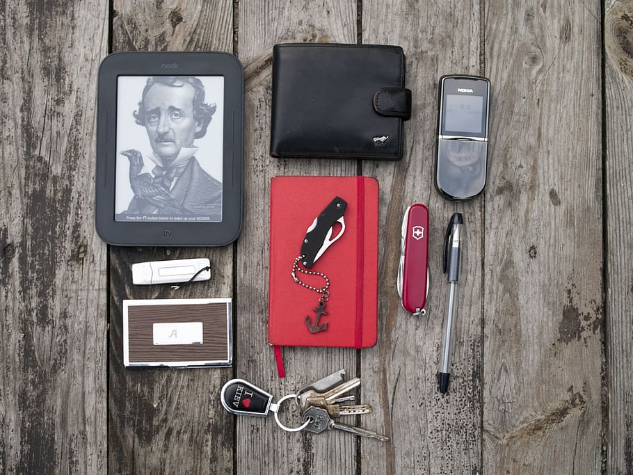 Red Victorinix Multitool, accessories, antique, keys, notebook HD wallpaper