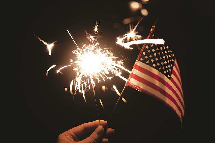 USA, flag, fire, firework, activity, happy, celebration, holding HD wallpaper