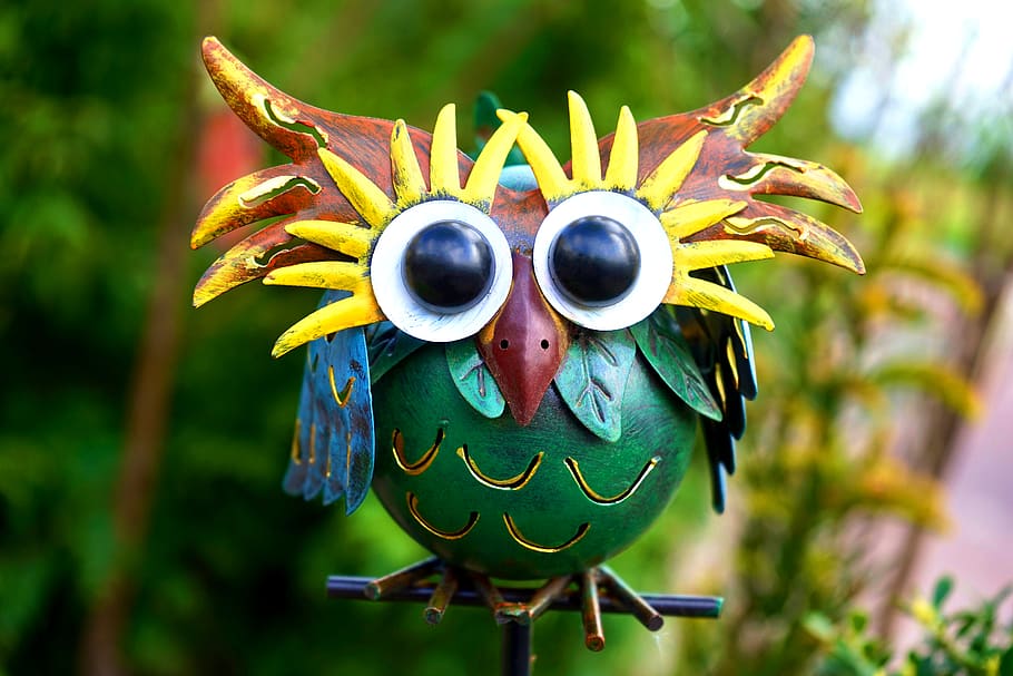 Green and Brown Owl Decor, blur, close-up, colorful, figure, focus HD wallpaper