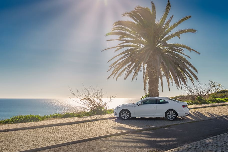 car, beach, sun, ocean, landscape, mode of transportation, tropical climate HD wallpaper