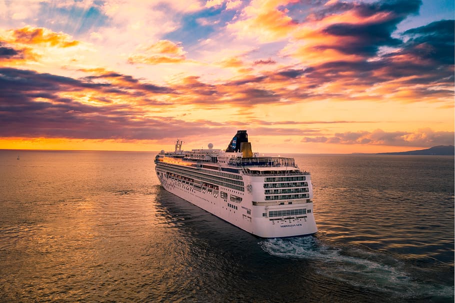 white cruise ship under cloudy sky, sunset, water, sea, cloud - sky HD wallpaper