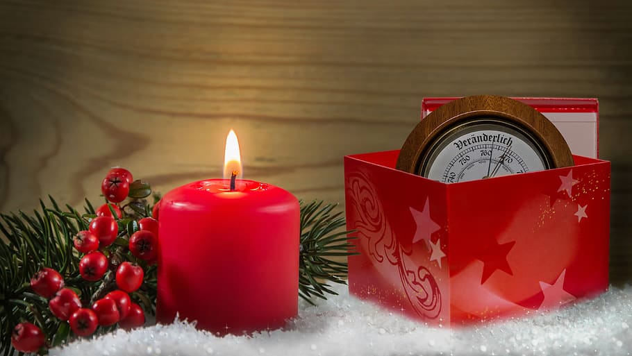candle, red, candlelight, snow, gift, cardboard, wood, background HD wallpaper