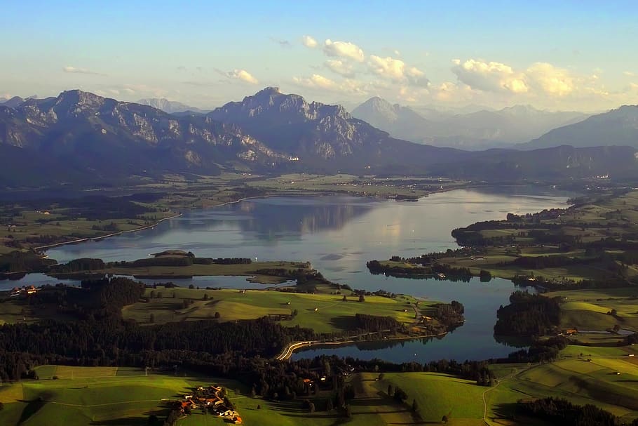 lake forggensee, aerial view, summer, king angle, allgäu, bavaria