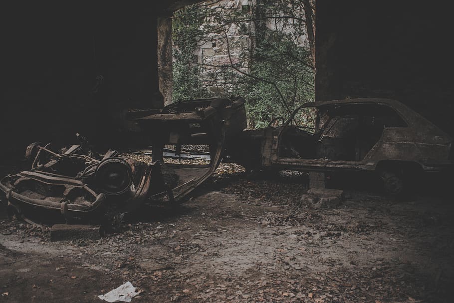two gray wrecked vehicles inside room, abandoned, no people, old HD wallpaper