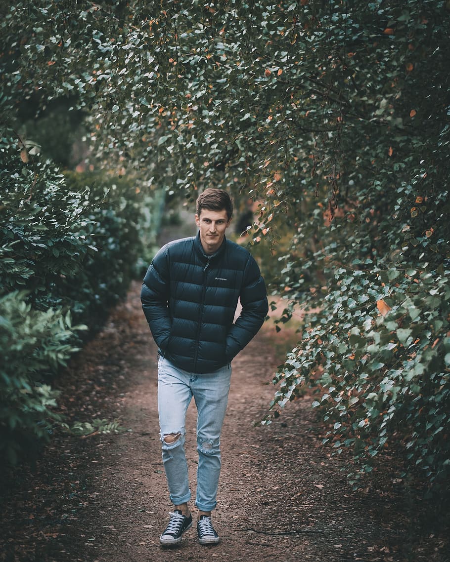 man wearing puffer jacket between trees, person, human, people HD wallpaper