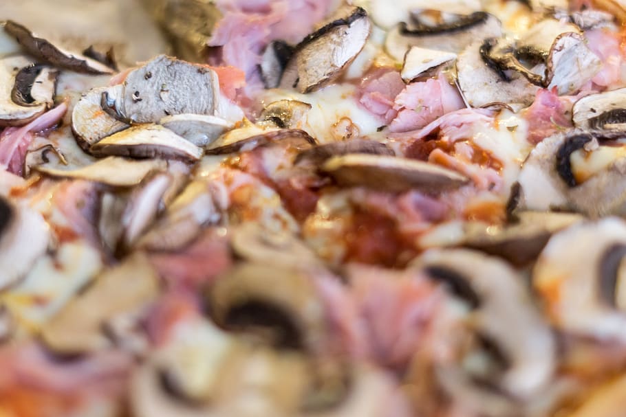 pizza, eat, mushroom, ham, italian, food and drink, freshness HD wallpaper