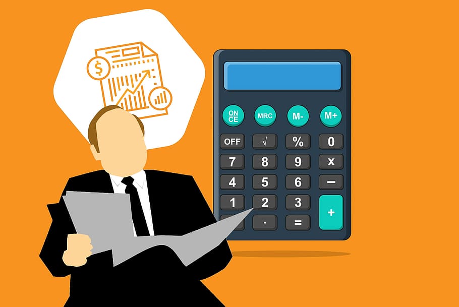 Illustration of accounting process with accountant and calculator.