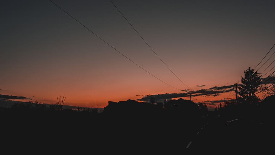 cable, power lines, nature, outdoors, sky, sunset, electric transmission tower