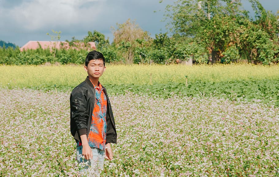 Man Wearing Black Jacket Surrounded By Plants, crop, field, flora HD wallpaper