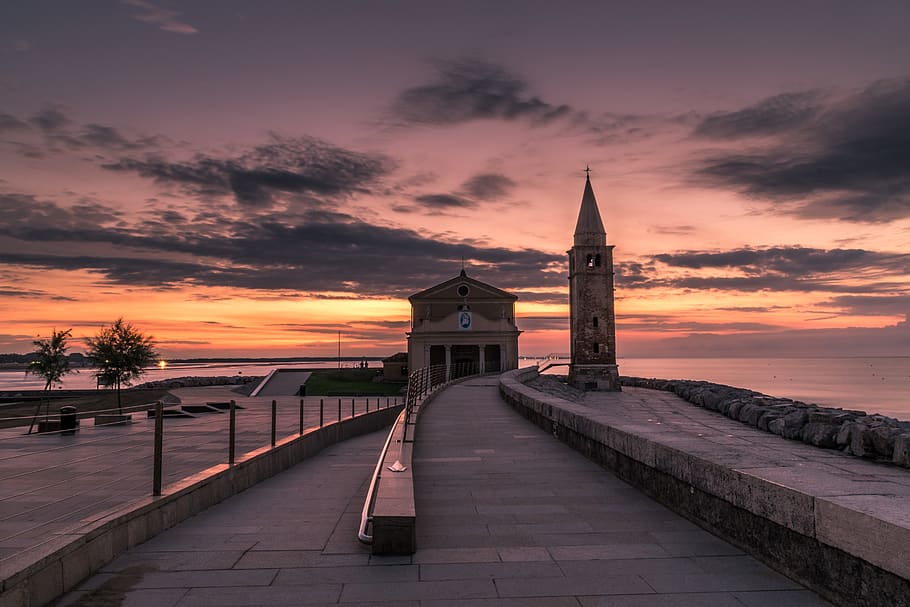 italy, caorle, tower, bench, trees, holiday, vacation, travel HD wallpaper