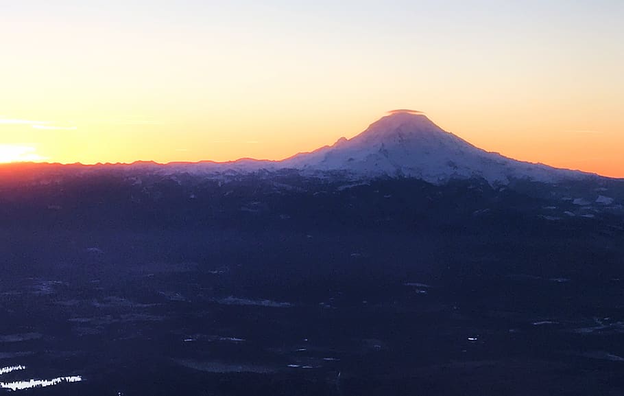 sunrise, volcano, snow, mountain, flight, airplane, from the air HD wallpaper