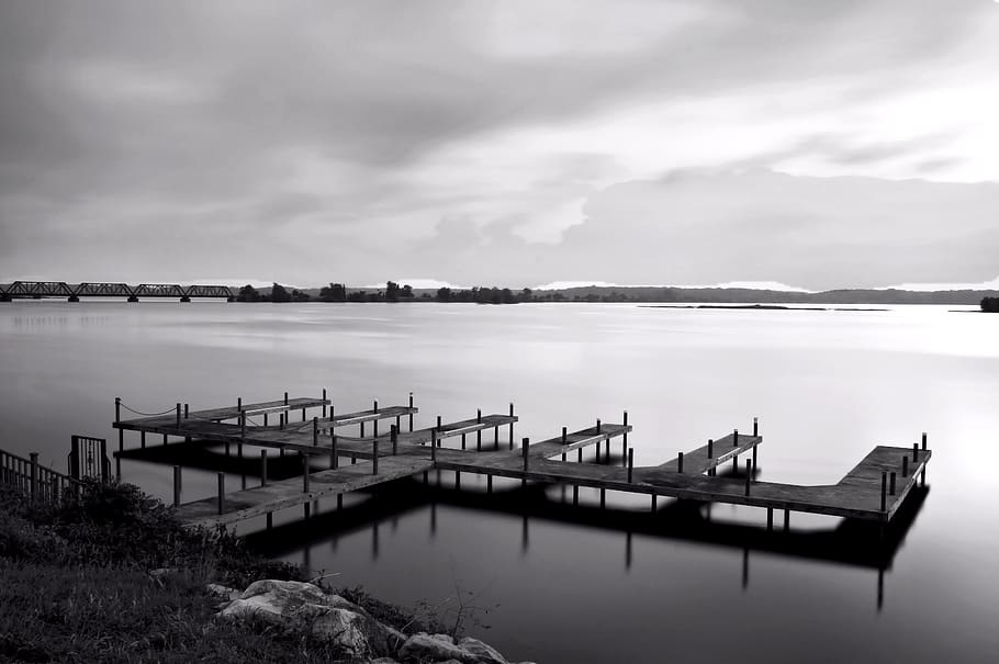 pier, lake, landscape, reflection, outdoors, clouds, water HD wallpaper