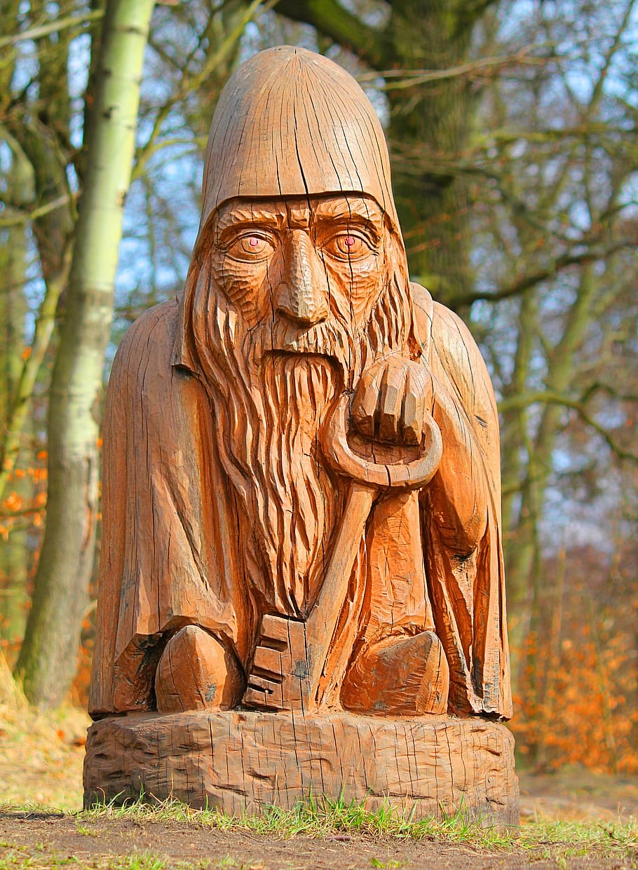 statue, woodcut, pixie, forest, jangles, key, wooden, plant HD wallpaper