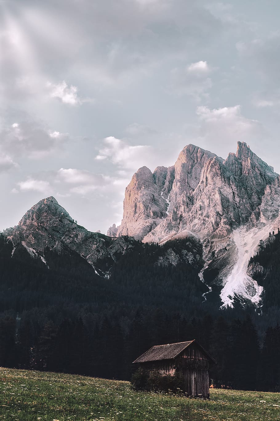 brown wooden shed near mountain, cloud, sky, cabin, hut, cliff HD wallpaper