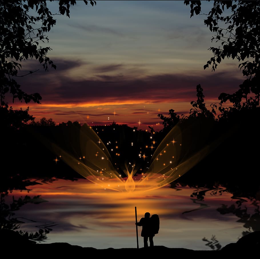 fantasy, landscape, sunset, evening, traveler, meeting, fairy tale HD wallpaper