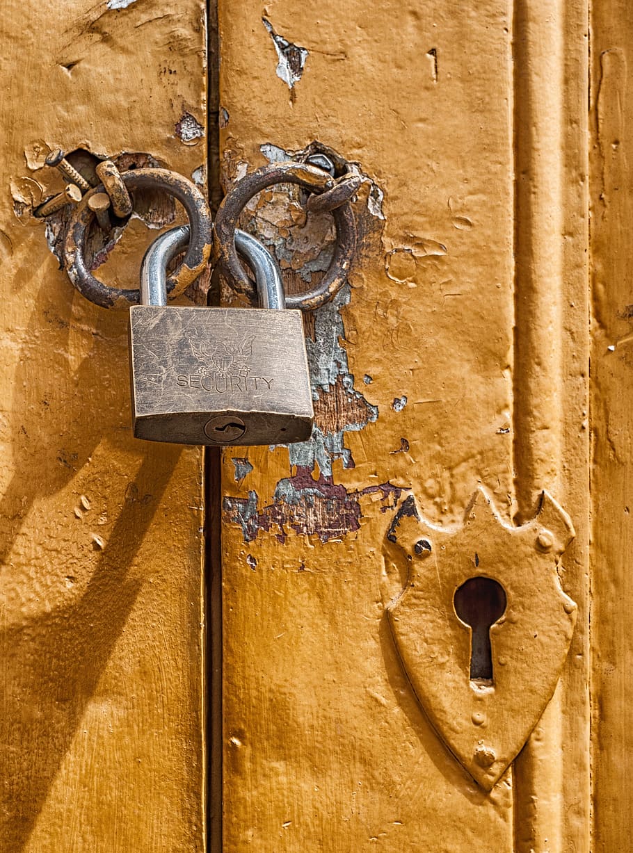 Brass Padlock, close-up, door, golden, keyhole, locked, rusty, HD wallpaper