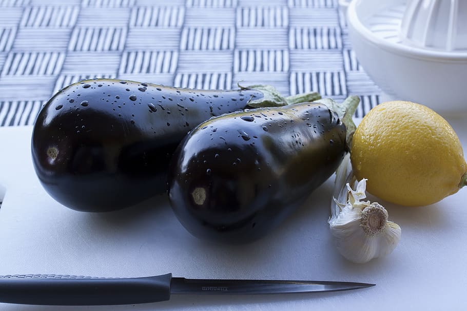 eggplant, lemon, garlic, lemon squeezer, knife, cutting board HD wallpaper