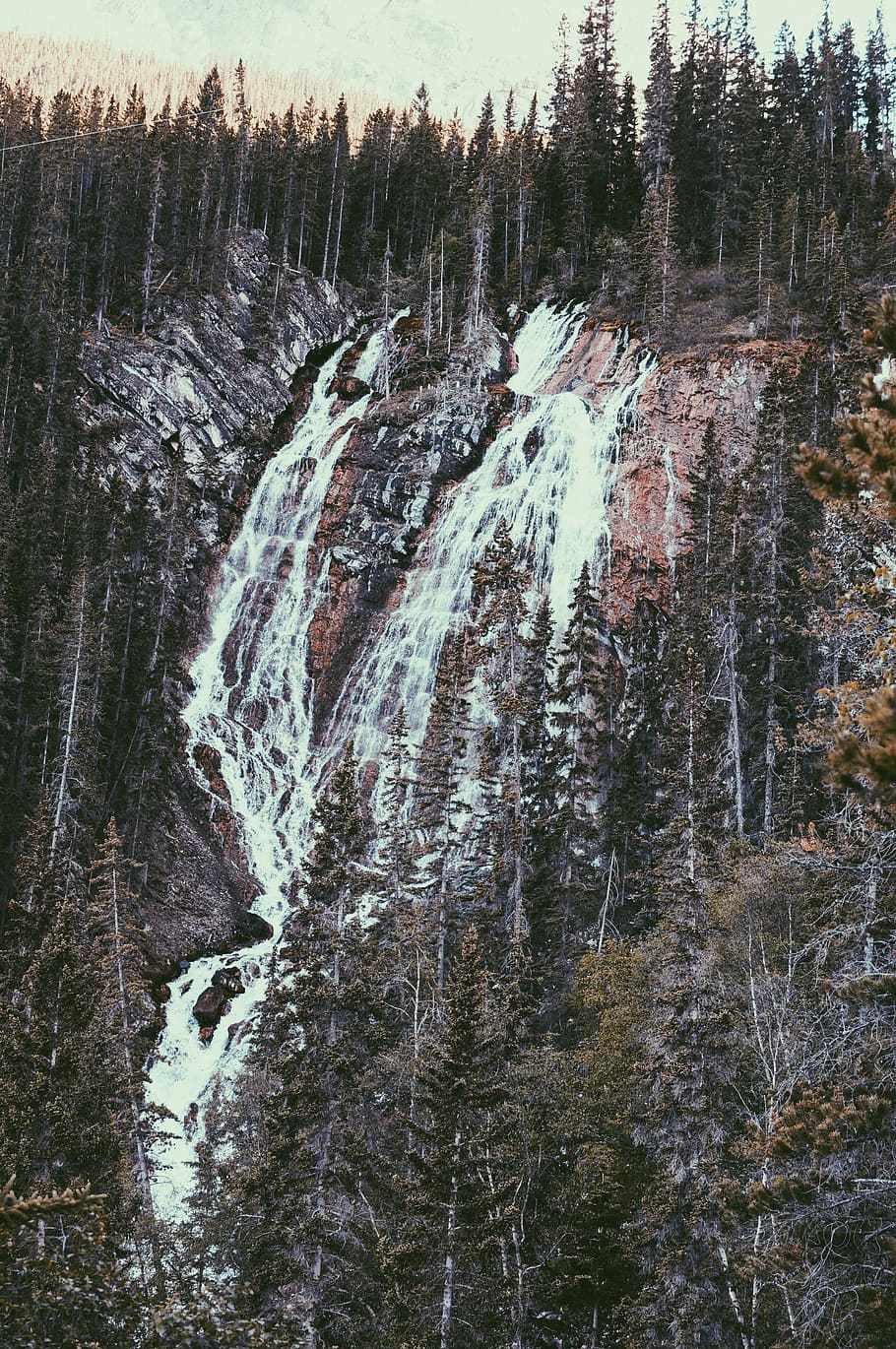 mountain, waterfall, stream, nature, landscape, trees, plants HD wallpaper