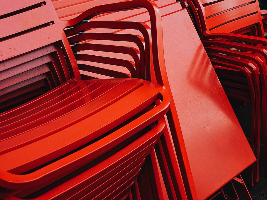 stack chairs and folding tables photo, red, seat, no people, absence HD wallpaper