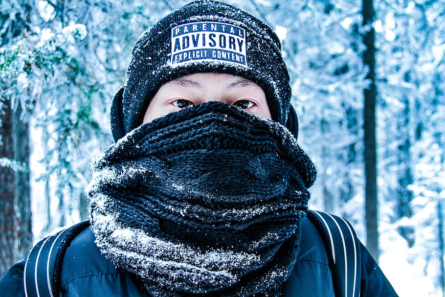 black knit scarf, apparel, clothing, nature, snow, person, human HD wallpaper