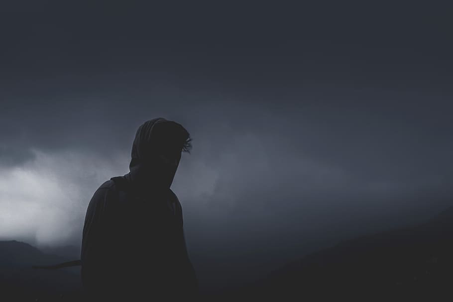 people, man, guy, dark, clouds, sky, fog, mountain, one person HD wallpaper